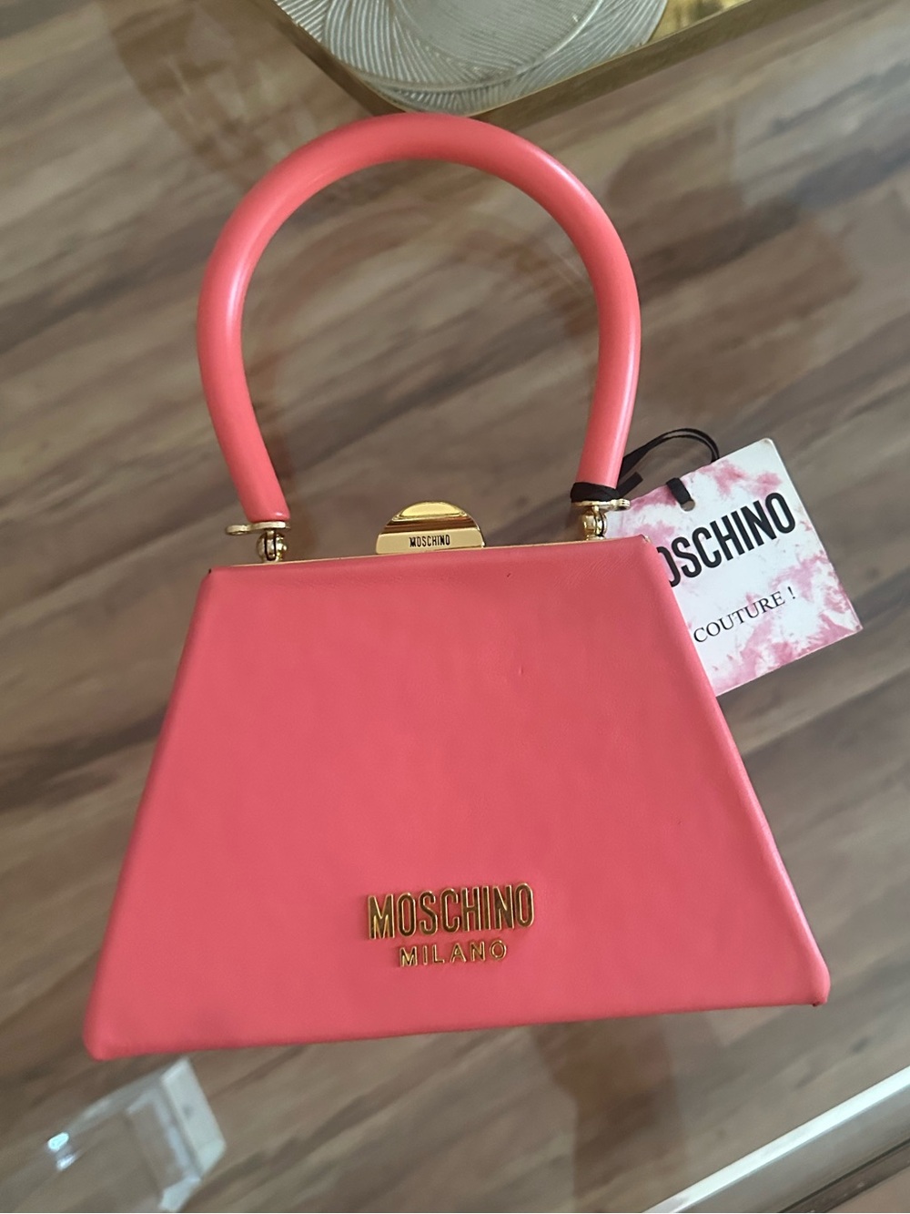 Moschino Coral-Pink Trapezoid Mini Top-Handle Bag